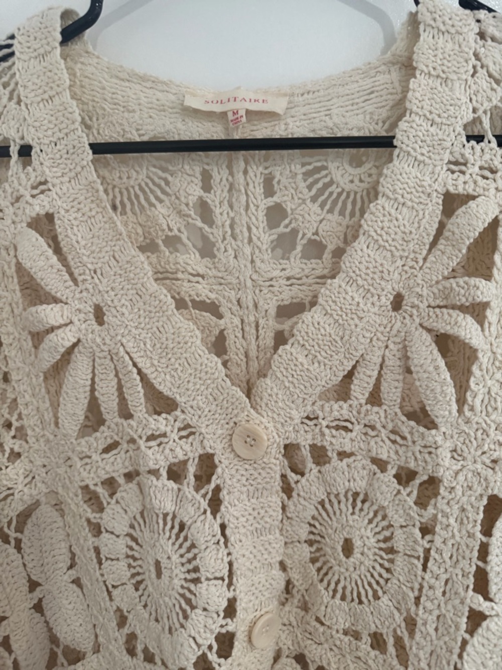 Boho Crochet Cardigan Ivory Granny Square Floral Knit Button Front Cottagecore S - Picture 2 of 5